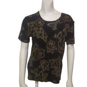 Western Connection Short Sleeve Black Gold Rose Pattern Top Womens Size Large